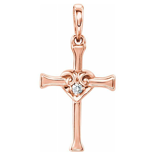 14k Rose Gold .025 ct Diamond Cross with Heart Pendant