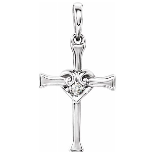 14k White Gold .025 ct Diamond Cross with Heart Pendant