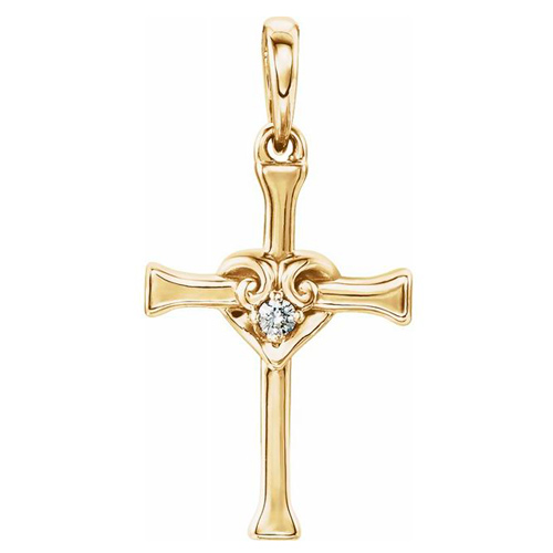 14k Yellow Gold .025 ct Diamond Cross with Heart Pendant