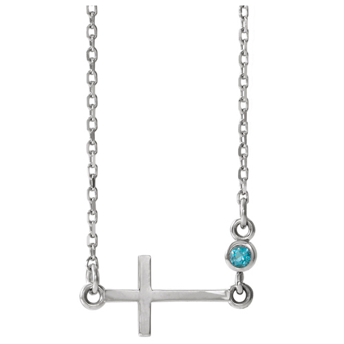 14k White Gold Sideways Cross Necklace with Aquamarine Bezel