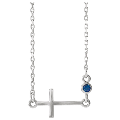 14k White Gold Sideways Cross Necklace with Blue Sapphire Bezel