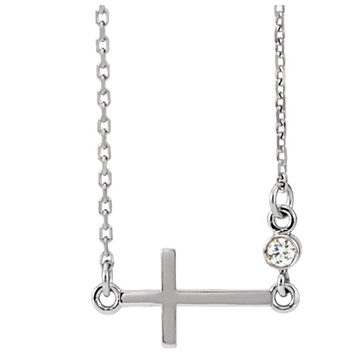 14k White Gold Sideways Cross Necklace with .03 ct tw Diamond
