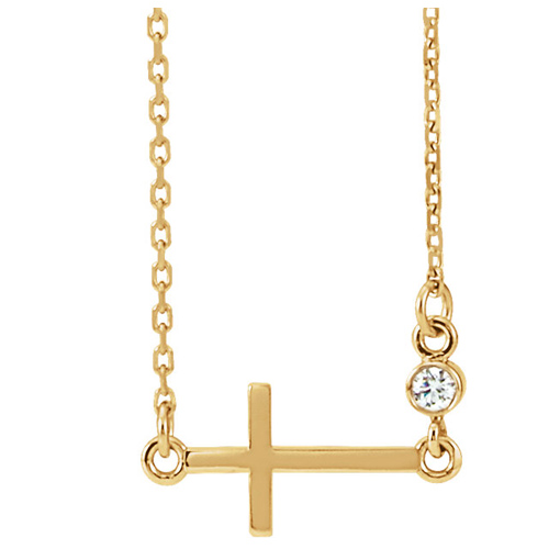 14k Yellow Gold Sideways Cross Necklace with .03 ct tw Diamond