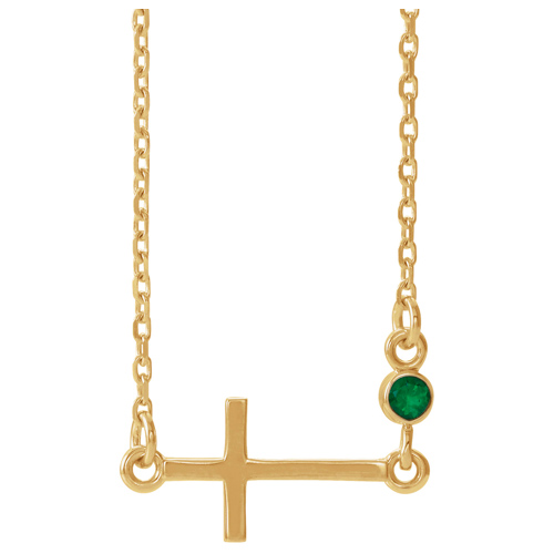 14k Yellow Gold Sideways Cross Necklace with Emerald Bezel
