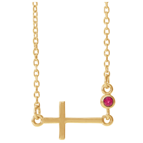 14k Yellow Gold Sideways Cross Necklace with Ruby Bezel