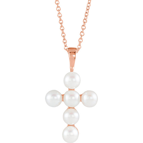 14k Rose Gold Freshwater Cultured Pearl Cross Necklace 18in