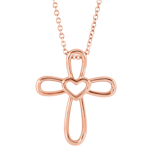 14k Rose Gold Open Rounded Cross with Heart Necklace JJR42367R
