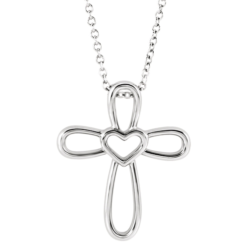 14k White Gold Open Rounded Cross with Heart Necklace