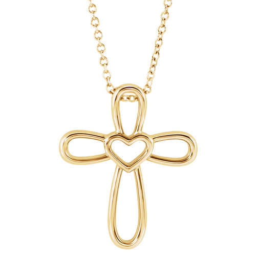 14k Yellow Gold Open Rounded Cross with Heart Necklace