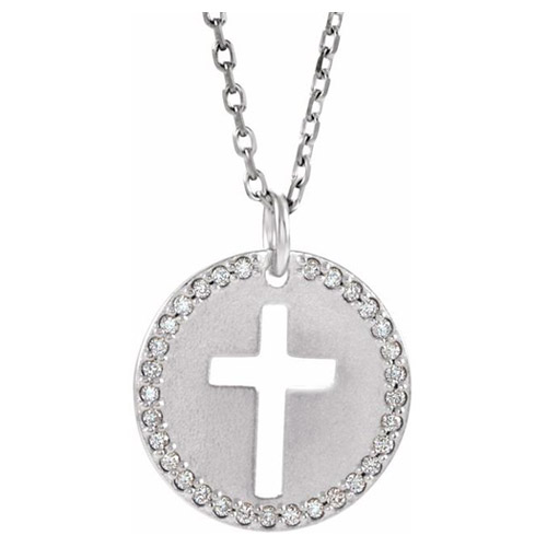 14k White Gold .07 ct tw Diamond Pierced Cross Disc Necklace