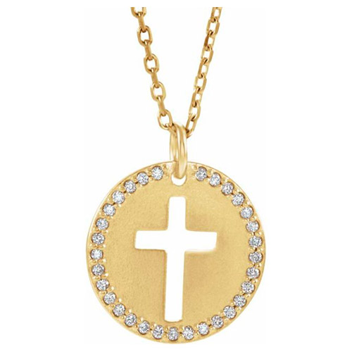 14k Yellow Gold .07 ct tw Diamond Pierced Cross Disc Necklace