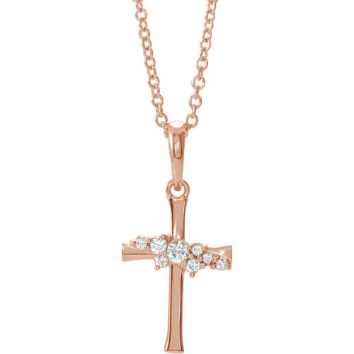 14k Rose Gold .06 ct Diamond Cluster Cross Necklace