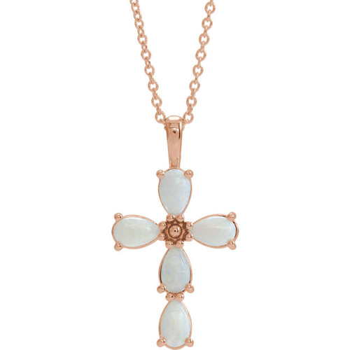 14k Rose Gold Cabochon White Opal Cross Necklace