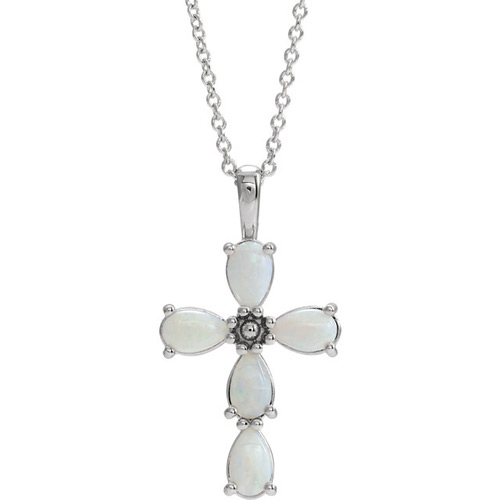 14k White Gold Cabochon White Opal Cross Necklace