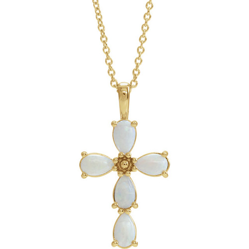 14k Yellow Gold Cabochon White Opal Cross Necklace