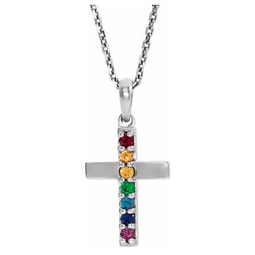 14k White Gold Rainbow Multi-Gemstone Cross Necklace