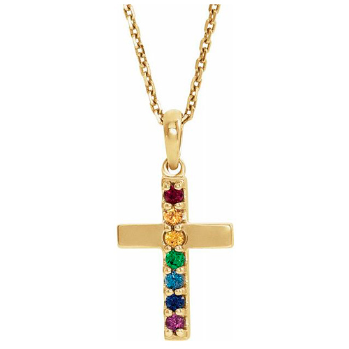 14k Yellow Gold Rainbow Multi-Gemstone Cross Necklace