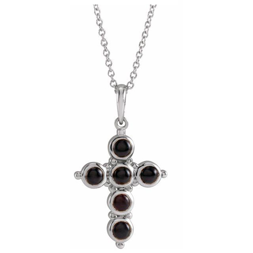 14K White Gold Small Black Cabochon Onyx Cross Necklace