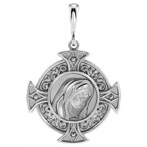 14k White Gold Virgin Mary Cross Pendant