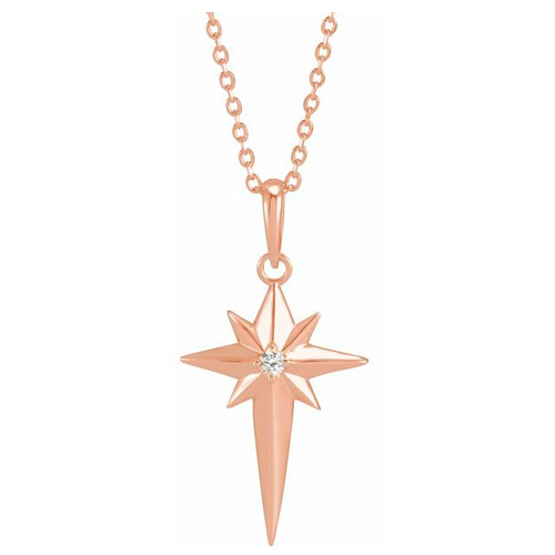 14k Rose Gold .03 ct Diamond Celestial Cross Necklace