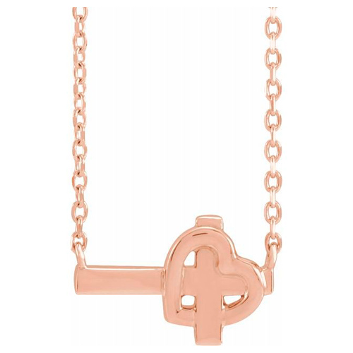 14k Rose Gold Sideways Cross and Heart Necklace 18in