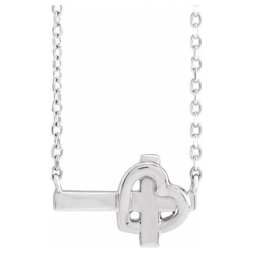 14k White Gold Sideways Cross and Heart Necklace 18in