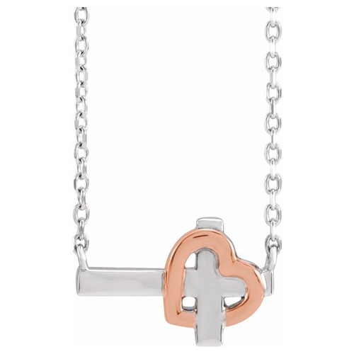 14k White and Rose Gold Sideways Cross and Heart Necklace 18in