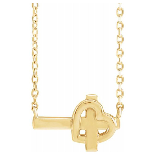 14k Yellow Gold Sideways Cross and Heart Necklace 18in