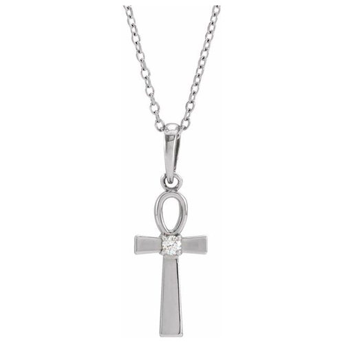 14k White Gold .03 ct Diamond Ankh Cross Necklace