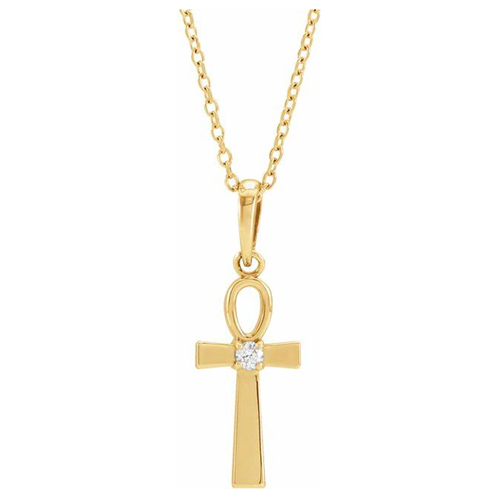 14k Yellow Gold .03 ct Diamond Ankh Cross Necklace