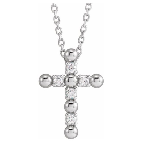 14k White Gold .07 ct tw Diamond Beaded Cross Necklace