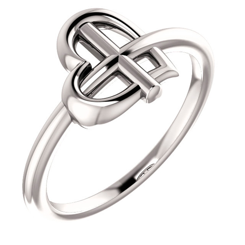 14k White Gold Heart Sideways Cross Ring