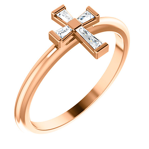14k Rose Gold Stackable .10 ct tw Diamond Baguette Cross Ring