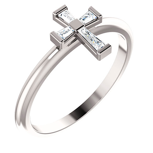 14k White Gold Stackable .10 ct tw Diamond Baguette Cross Ring
