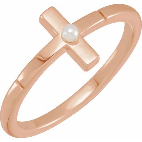 14k Rose Gold Cultured Akoya Pearl Sideways Cross Ring