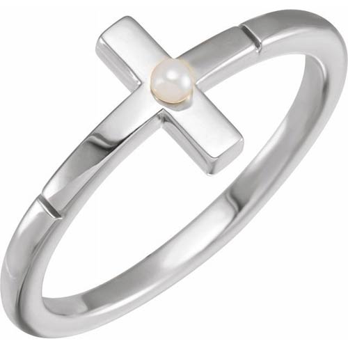 14k White Gold Cultured Akoya Pearl Sideways Cross Ring