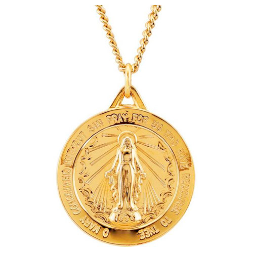24k Gold-Plated Sterling Silver Round Miraculous Medal on 24in Chain