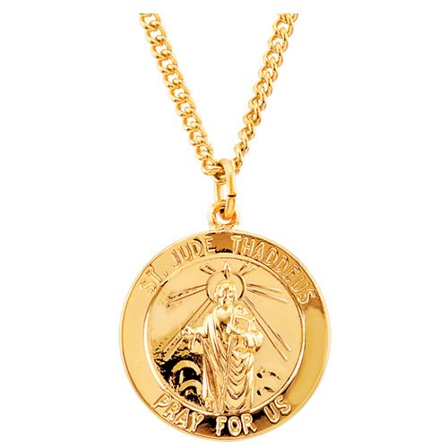24k Gold-Plated Sterling Silver Round St. Jude Medal on 24in Chain