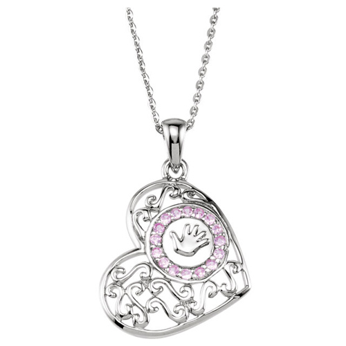 Sterling Silver Pink Cubic Zirconia Handprints Heart Necklace