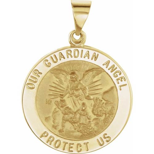 14k Yellow Gold Round Hollow Guardian Angel Medal 7/8in