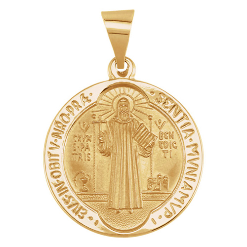 14k Yellow Gold Small Hollow Round St Benedict Medal 18mm