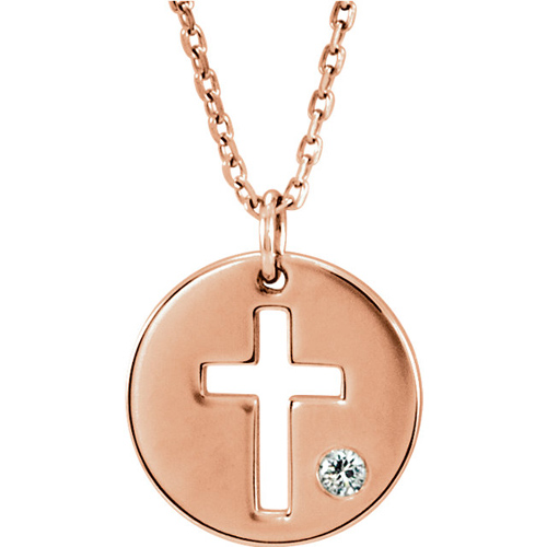 14kt Rose Gold .03 ct Diamond Pierced Cross Disc Necklace
