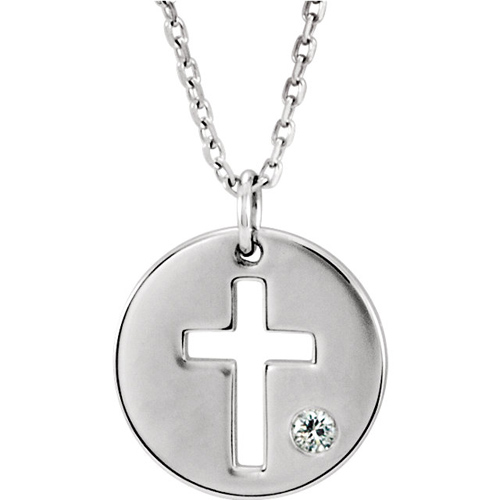 14kt White Gold .03 ct Diamond Pierced Cross Disc Necklace 