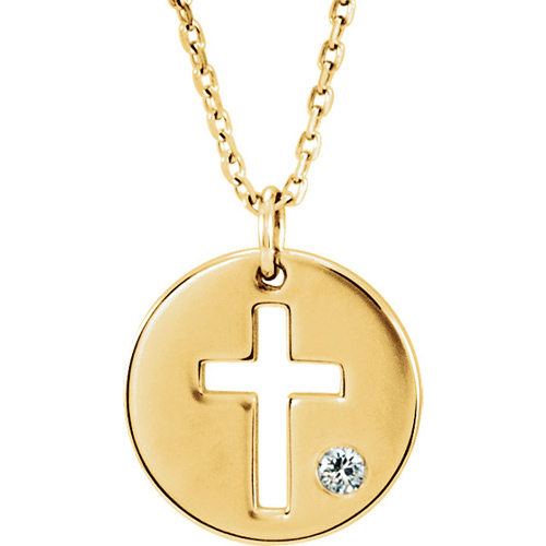14kt Yellow Gold .03 ct Diamond Pierced Cross Disc Necklace 