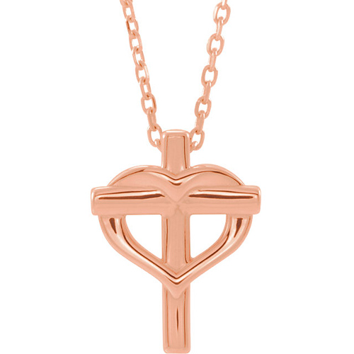 14k Rose Gold Kid's Cross with Heart Necklace 15in