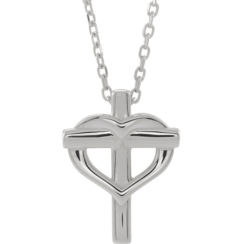 14k White Gold Kid's Cross with Heart Necklace 15in