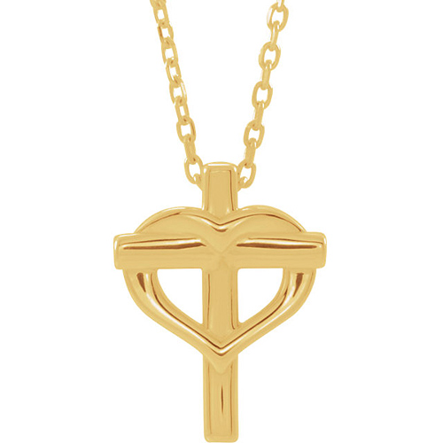 14k Yellow Gold Kid's Cross with Heart Necklace 15in