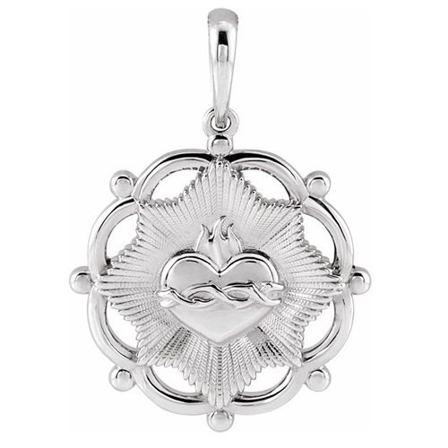 14k White Gold Sacred Heart Pendant 5/8in