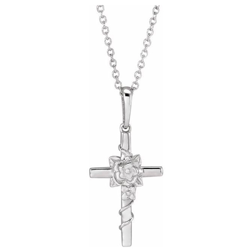 14k White Gold Small Floral Cross Necklace