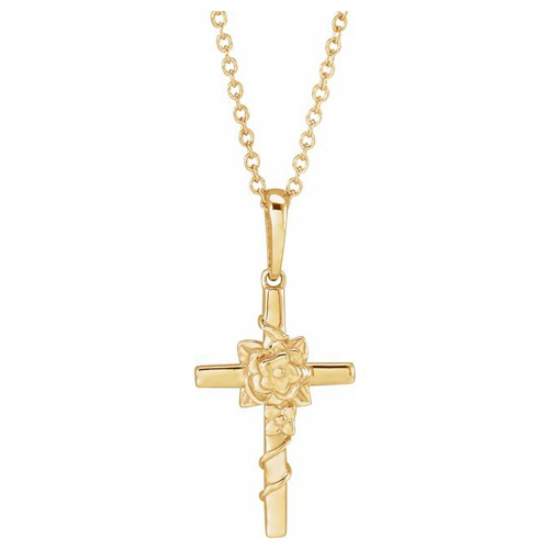 14k Yellow Gold Small Floral Cross Necklace